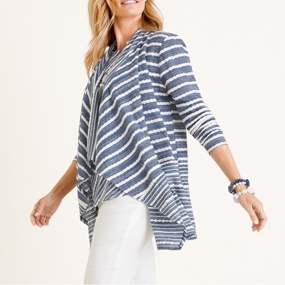 Chico's Women's Blue/White Open Front Cardigan Sweater, Size 1/Medium - Picture 1 of 10